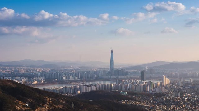 Seoul city skyline and skyscraper in downtown Seoul, south Korea, 4K Timelapse.