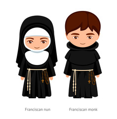 Franciscan monk and nun. Catholics. Religious man and woman. Cartoon character. Vector illustration.