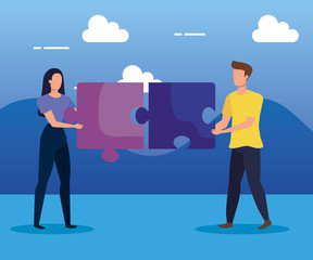 woman and man teamwork with puzzles and clouds