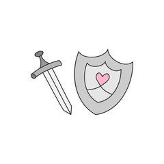 Armour, armor vector illustrations. Cute knight's sword and shield, fairytale, medieval prince arms. Hand drawn isolated outlined icon, sticker.