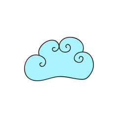 Cloud vector illustration. Curly fairy tale blue weather cloud, dreamy and magical cloud. Hand drawn isolated, outlined icon, sticker.