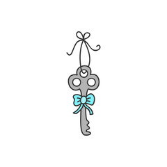 Key vector illustration. Magic, fairy tale cute key on string with blue ribbon. Hand drawn isolated, outlined icon, sticker.