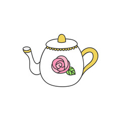 Teapot vector illustration. White teapot with rose and gold details. Hand drawn outlined isolated pot icon, sticker.