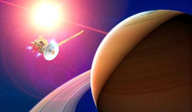 View of the planet Saturn with rings. Cassini probe in exploration around the planet. Solar system. 3d render. Element of this image is furnished by Nasa