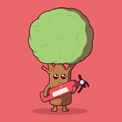 Tree holding fire extinguisher vector illustration. Environment, nature, wildfire design concept