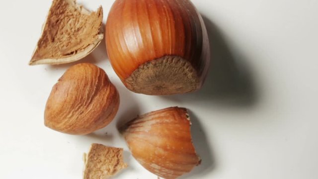 Some shelled hazelnuts with shell fragments around them, isolated on a white background in rotation.