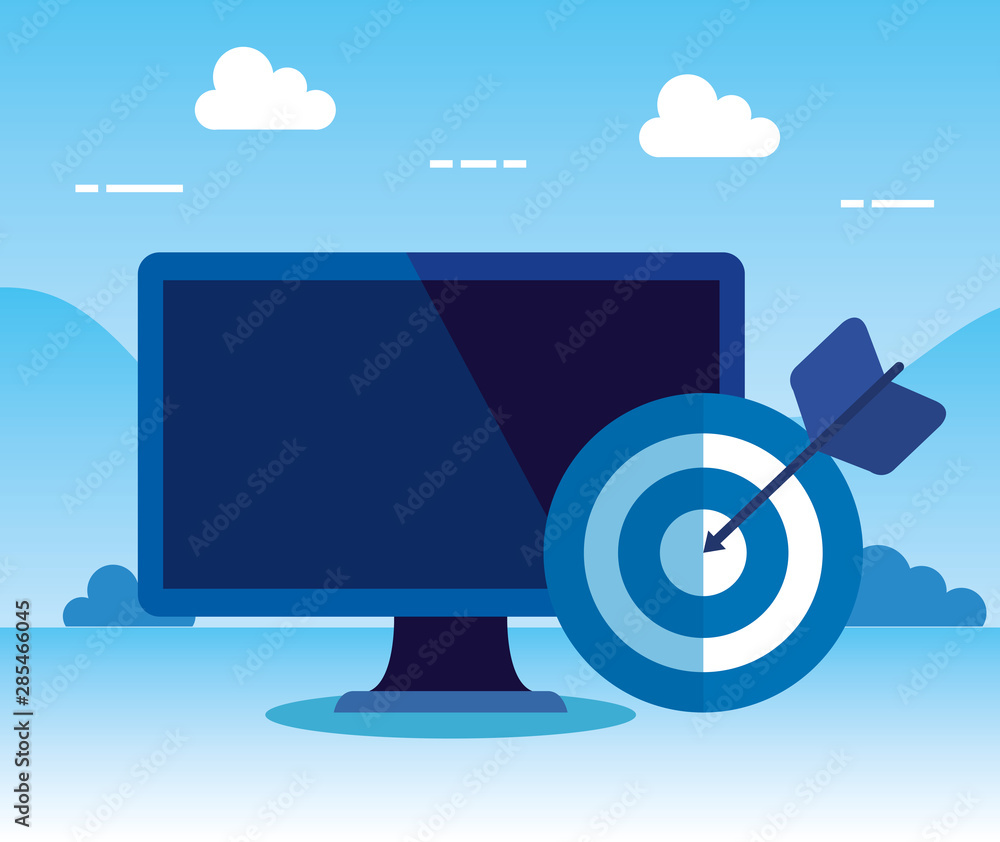 Poster computer technology and target with arrow and clouds