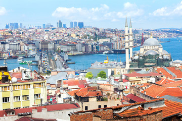 A wide panoramic view of new and old Istanbul city, Turkey