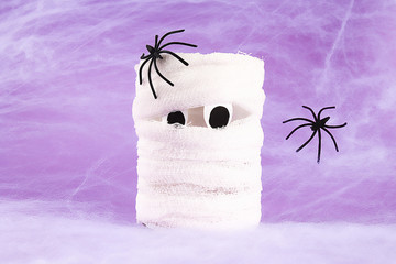 Halloween holiday concept. White spider web with two black spider web purple background. Diy mummy