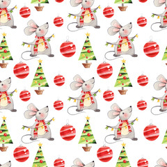 Seamless pattern with watercolor hand painted cute cartoon mice, new year trees, decoration. mary christmas design, celebration, invitation, wallpaper