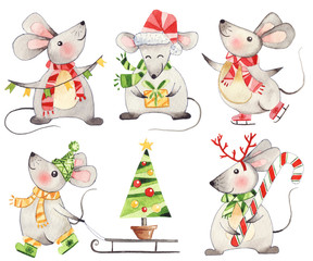 Fototapeta premium Set of cute watercolor handpainted christmas mice. isolated on white background, best for xmas invitation cards, new year 2020 design. cartoon, animals