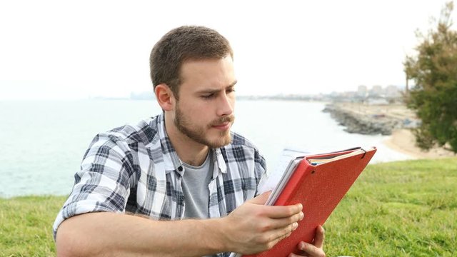 Serious student studying memorizing notes sitting on the grass outdoors
