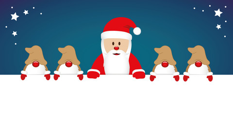 cute happy santa claus with glasses and his gnomes white banner vector illustration EPS10