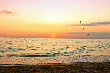 Beautiful sunset at the sea. The sea in the foreground. Background