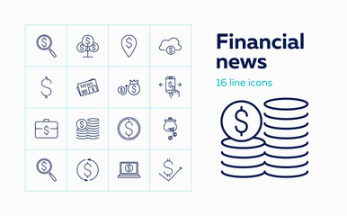 Financial news line icon set. Newspaper, coin stacks, online payment. Finance concept. Can be used for topics like business, investment, accounting