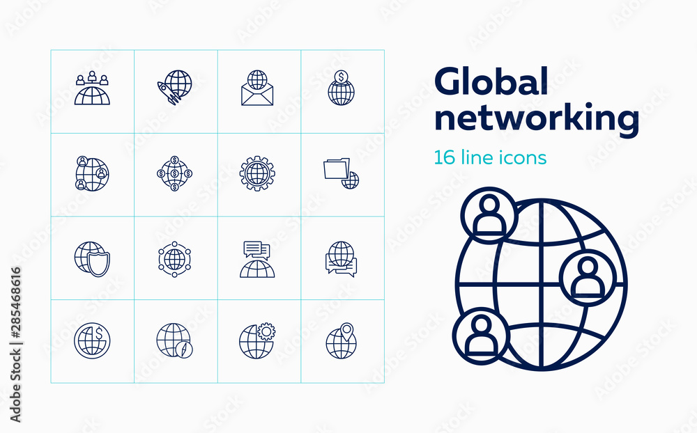 Poster global networking line icon set. meeting, startup, map location. international business concept. can