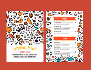 Autumn menu design. Fall promotion flyer with doodle colorful pattern
