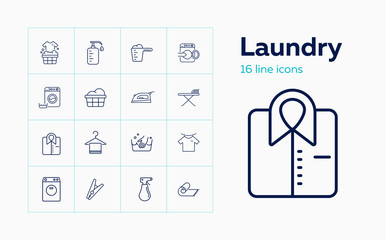 Fototapeta premium Laundry line icon set. Detergent, drying, clothes pin. Household concept. Can be used for topics like garment care, hand wash, ironing