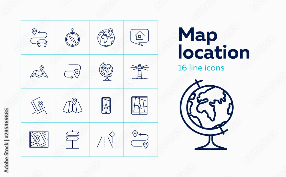 Poster map location line icon set. compass, direction sign, globe. navigation concept. can be used for topi