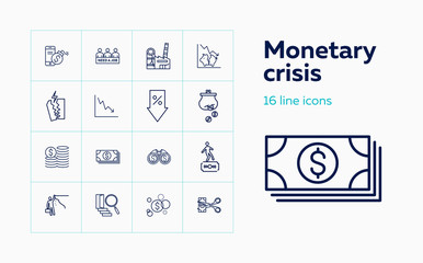Monetary crisis icons. Set of line icons. Unemployment, bankruptcy, decline. Financial problems concept. Vector illustration can be used for topics like business, finance, banking