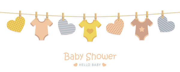 Fototapeta baby shower welcome greeting card for childbirth with hanging hearts and bodysuits vector illustration EPS10 obraz
