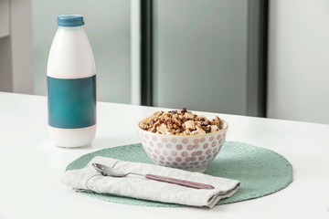 cereals and mil on the table