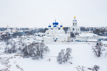 Winter drone shot of Holy Bogolubsky Women's Monastery, in Bogolubovo