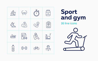 Sport and gym icons. Set of line icons. Effort, training, bicep. Workout concept. Vector illustration can be used for topics like body conscious, exercising, muscular built