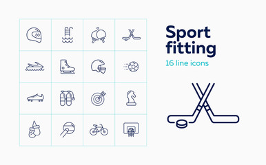 Sport fitting icon set. Set of line icons on white background. Sport concept. T-shirt, rugby, bicycle. Vector illustration can be used for topics like hockey, football, sport