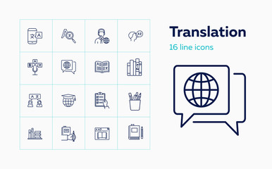 Translation icons. Set of line icons. Dictionary, online translator, language. Linguistics concept. Vector illustration can be used for topics like education, communication, applications