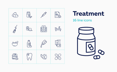 Treatment line icon set. Drop, hospital, pills. Medicine concept. Can be used for topics like medication, prescription, disease, cure