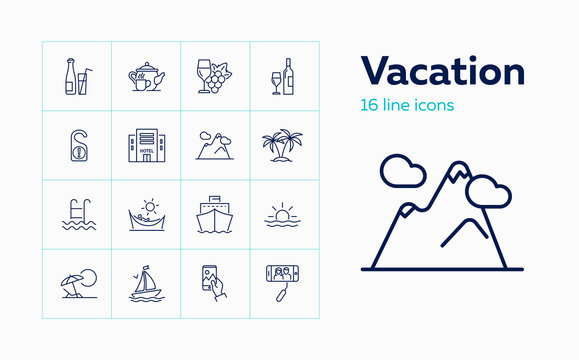Vacation line icon set. Hotel, palms, cruise ship. Tourism concept. Can be used for topics like resort, travel, journey