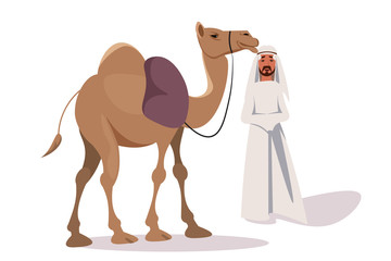 Happy bedouin with camel flat vector illustration