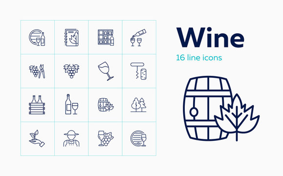 Wine line icon set. Bottle, glass, barrel, grape. Wine making concept. Can be used for topics like viticulture, industry, production