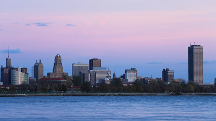 Buffalo skyline as night falls