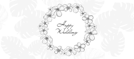 Happy Wedding. Hand drawn illustration.Tropical leaves pattern pink background.