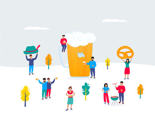 Oktoberfest - German festival. A huge glass of beer. Tiny men and women have a drink and a barbecue. Autumn outdoor scene