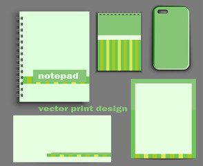 Vector collection of mock up notebooks and stationery and case for smartphone. Stylish green print with geometry pattern, trendy design of notebooks and sheets for letters. - obrazy, fototapety, plakaty