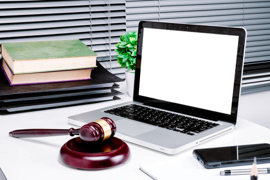 Mock Up Laptop Computer With Empty Screen On Office Lawyer Desk, Justice And Law Concept.