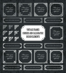 Frames and corners in vintage style on chalkboard background - vector set