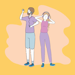 young couple friends listen music with player