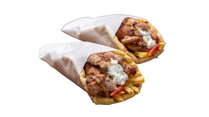 Gyro pita, shawarma, take away, street food. Traditional greek turkish, meat food isolated on white background.