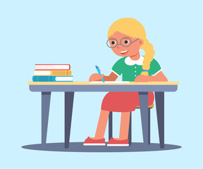 Schoolgirl at desk flat vector illustration