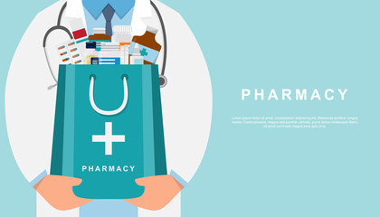 pharmacy background with doctor holding a medicine bag