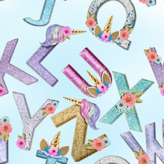 unicorn Alphabet in glitter fonts on soft pastel background seamless pattern
