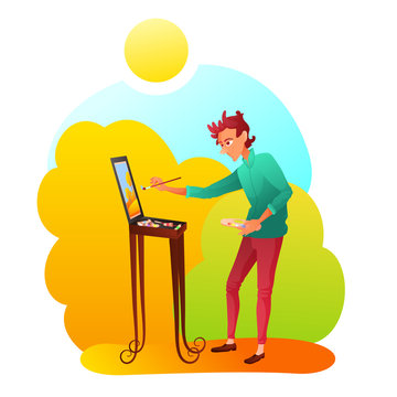 recommend clip art: Artist painting picture flat vector illustration