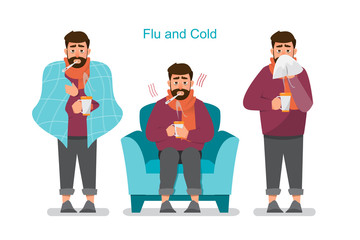 Set of sick people feeling unwell, having cold, flu and fever