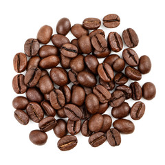 Heap of coffee beans isolated on white background. Top view