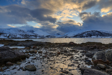 Winter landscape on the fjord on Senja Island, Troms County, Norway