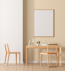 Mock up poster frame in Scandinavian style interior with wooden work desk. Minimalist workplace design. 3D illustration.